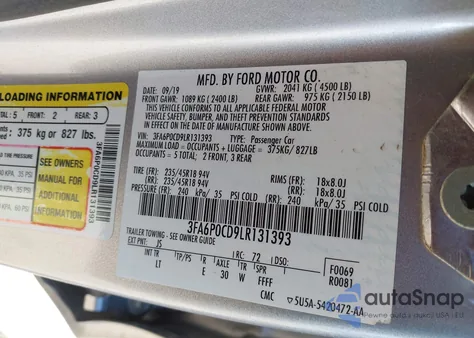 2020 Ford Fusion Sel из США, поврежденный, VIN 3FA6P0CD9LR131393